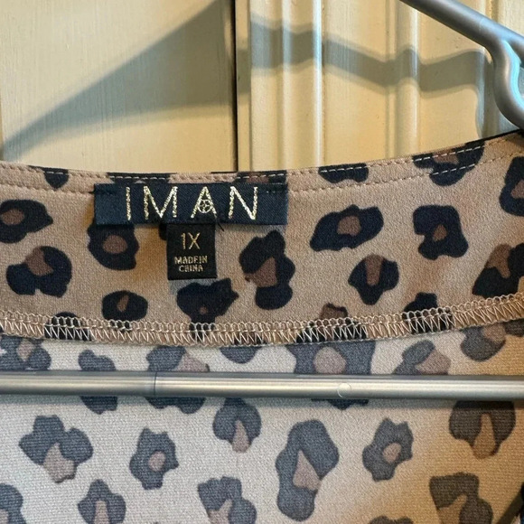 IMAN Global Chic Blouse Brown Tan Black Animal Print 3/4 Sleeve Gold Plus Sz 1X - Picture 3 of 9